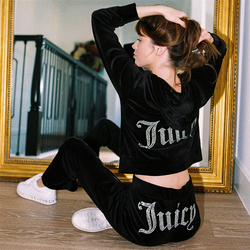 JUICY Tracksuit Women Sweatsuit Velvet Tracksuit Y2K Streetwear Jogging Workout Outfit-Sets