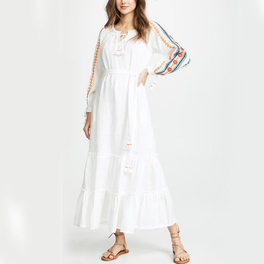 Embroidered Floral Tie Fringe Long Sleeve Dress