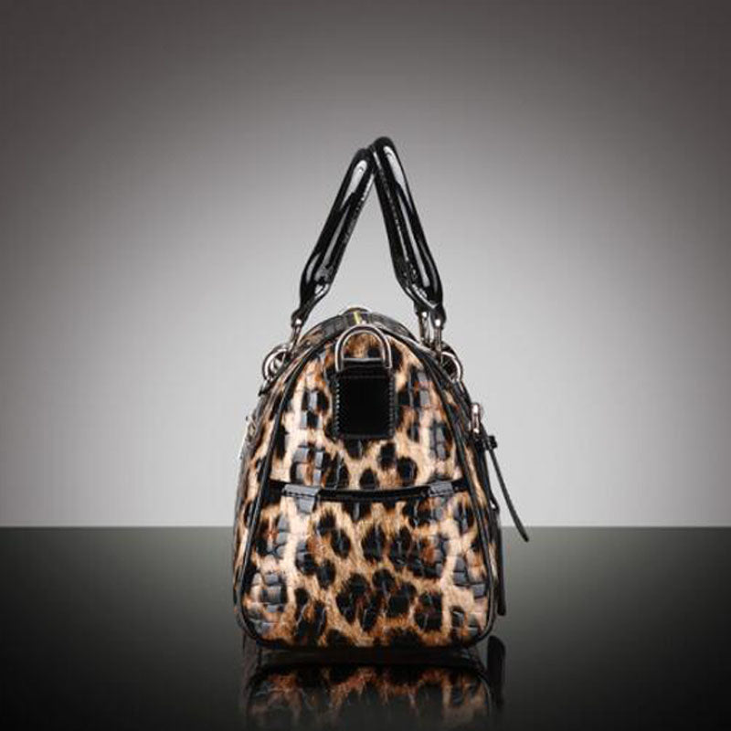 Genuine Leather Boston Handbag in Leopard Print