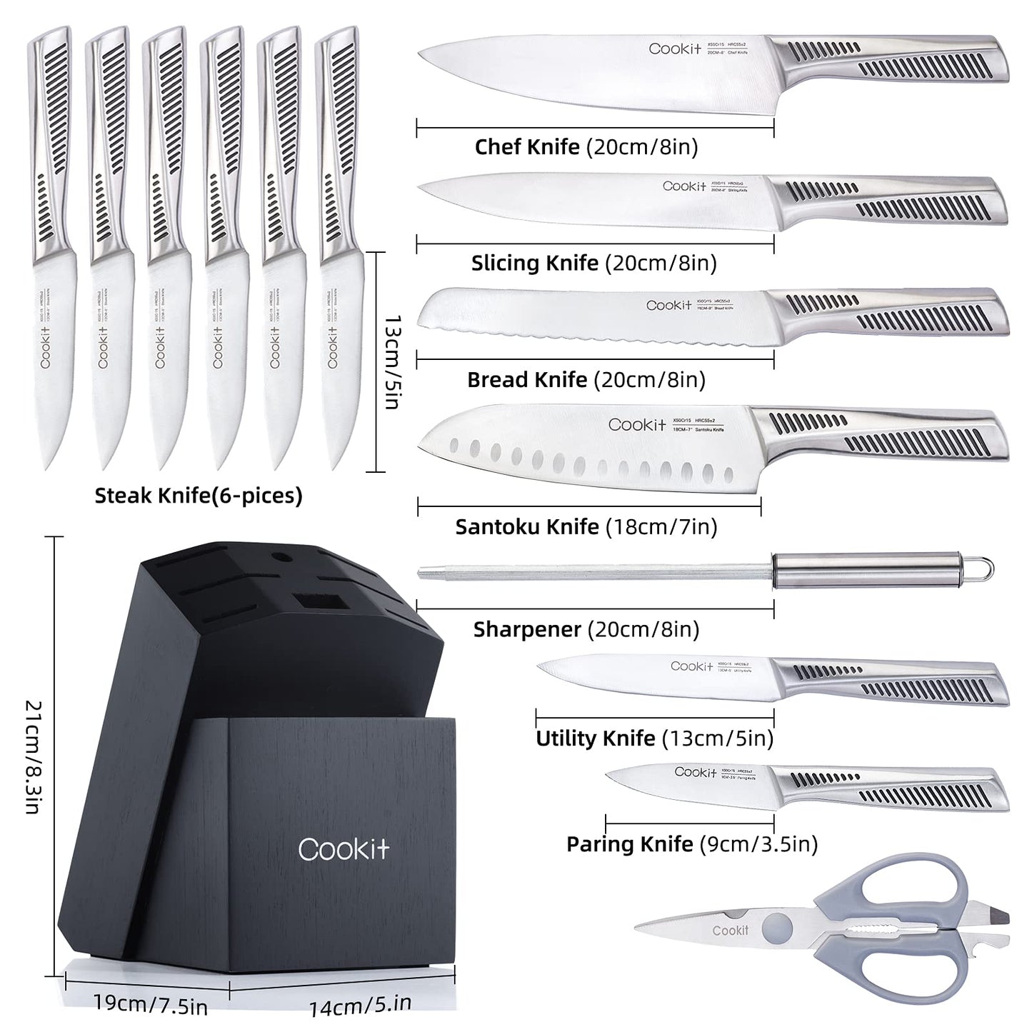 chef Knife Set, 15 Piece Knife Snless Steel Hollow Handle Cutlery Set with Multifunctional Scissors Knife Sharpener  germany