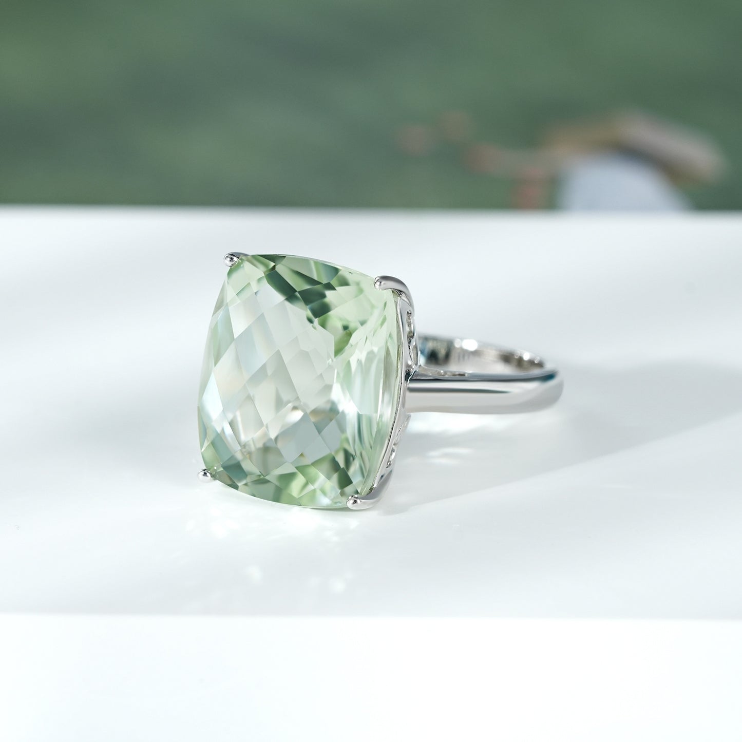 Natural Green  Prasiolite Ring Female S925 Sterling Silver Gemstone Inlaid Luxury