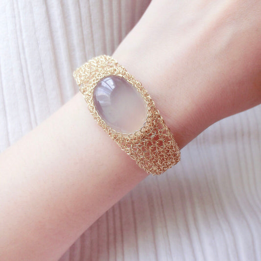 Icy White Chalcedony Gemstone 14k Gold Bracelet