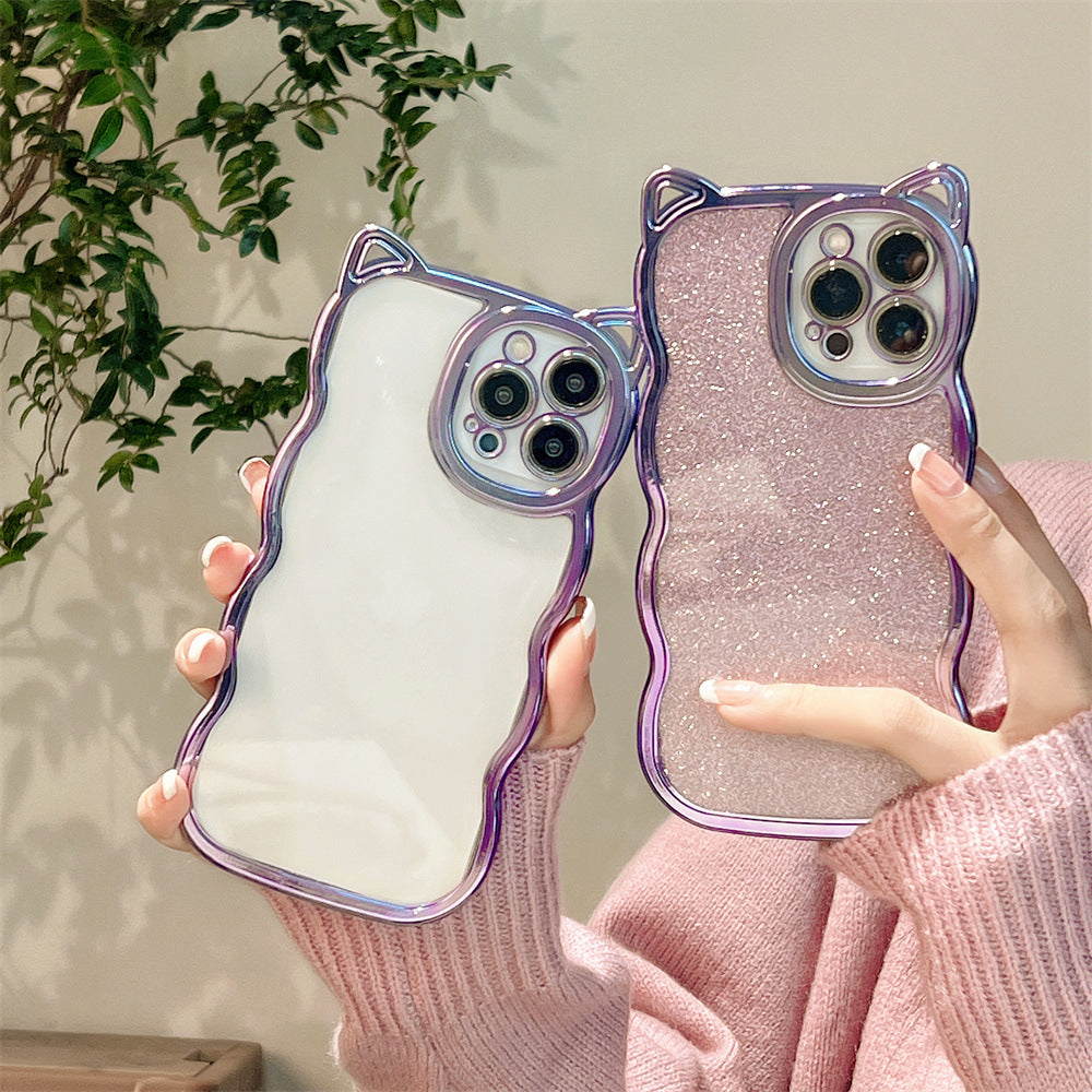 Creative Dark Purple Glitter Pink Cat's Ears Steamed Cat-ear Shaped Bread Phone Case