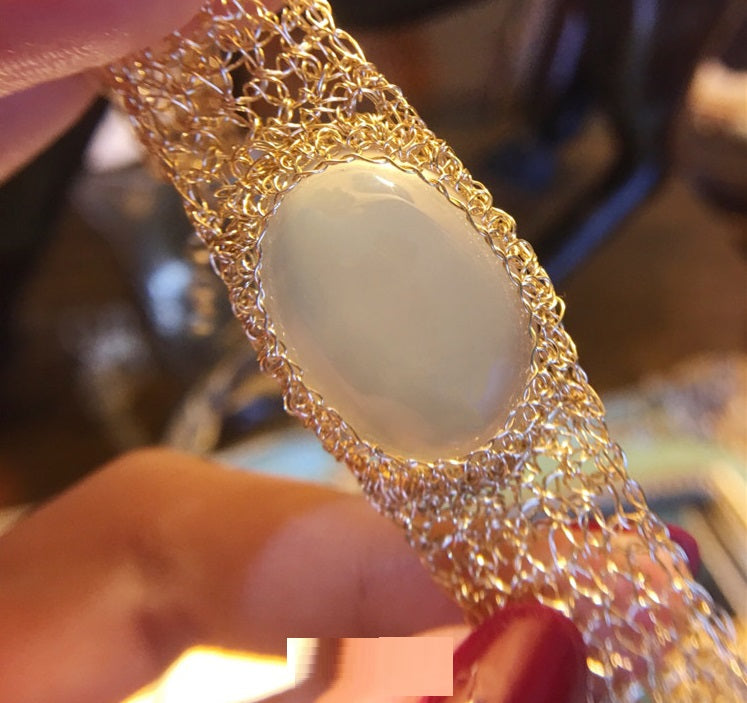 Icy White Chalcedony Gemstone 14k Gold Bracelet