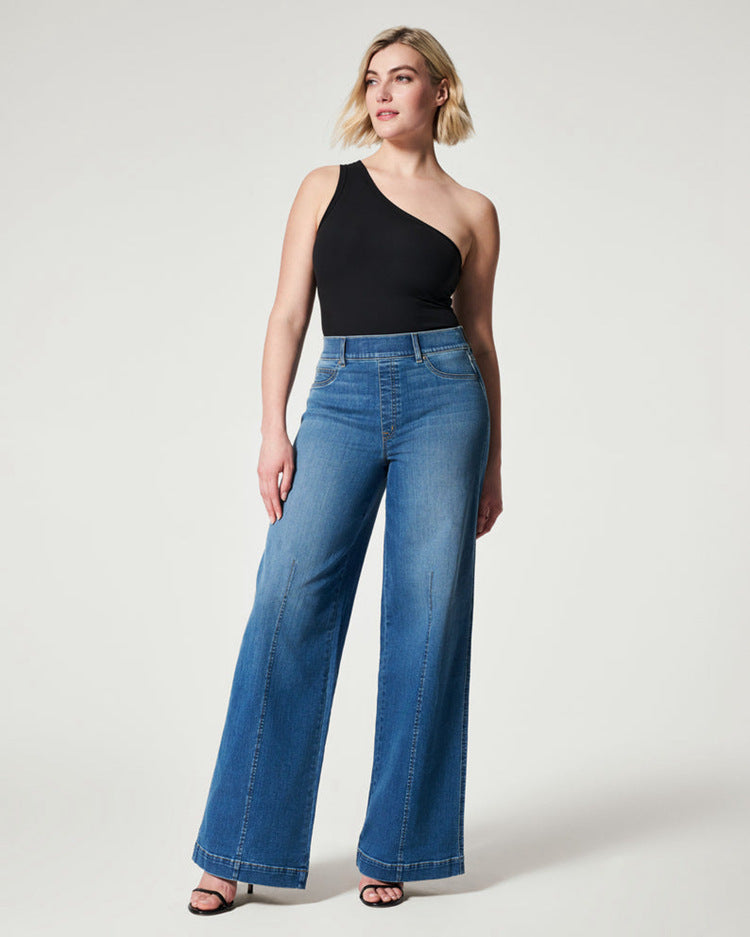 Seamed Front Wide Leg Jeans, Vintage Indigo Blue O White