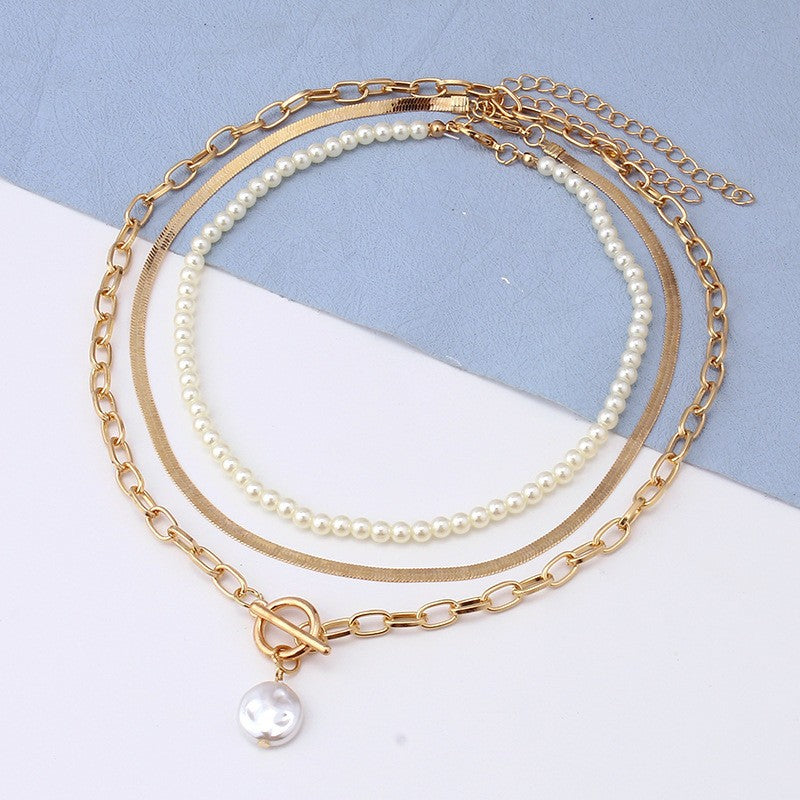 Elegant Multi-layer Pearl Personality All-match Chain Like Flat Snake Baroque Necklace