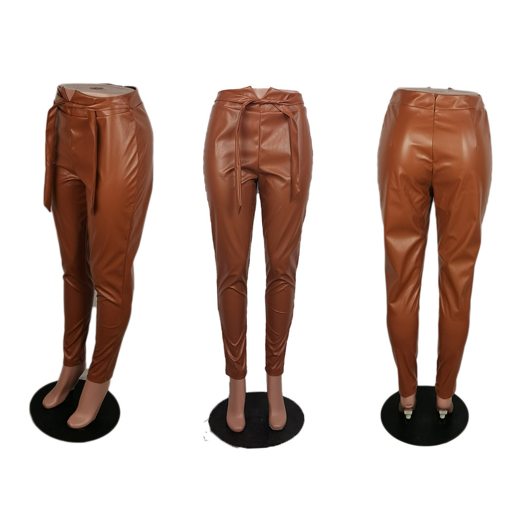 Autumn And Winter European And American Casual Solid Color Leather Pants