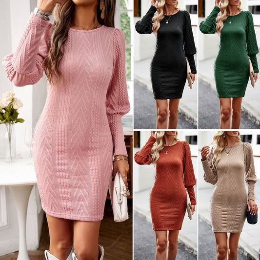 Slim-fit And Slim-wrapped Hip Knit Skirt Leg-Of-Mutton Knit Sweater Dress