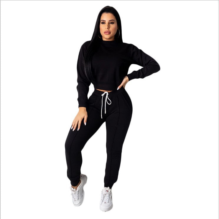 Women's Casual Sports Solid Color Long Sleeve Pullover Top Drawstring Trousers Suit