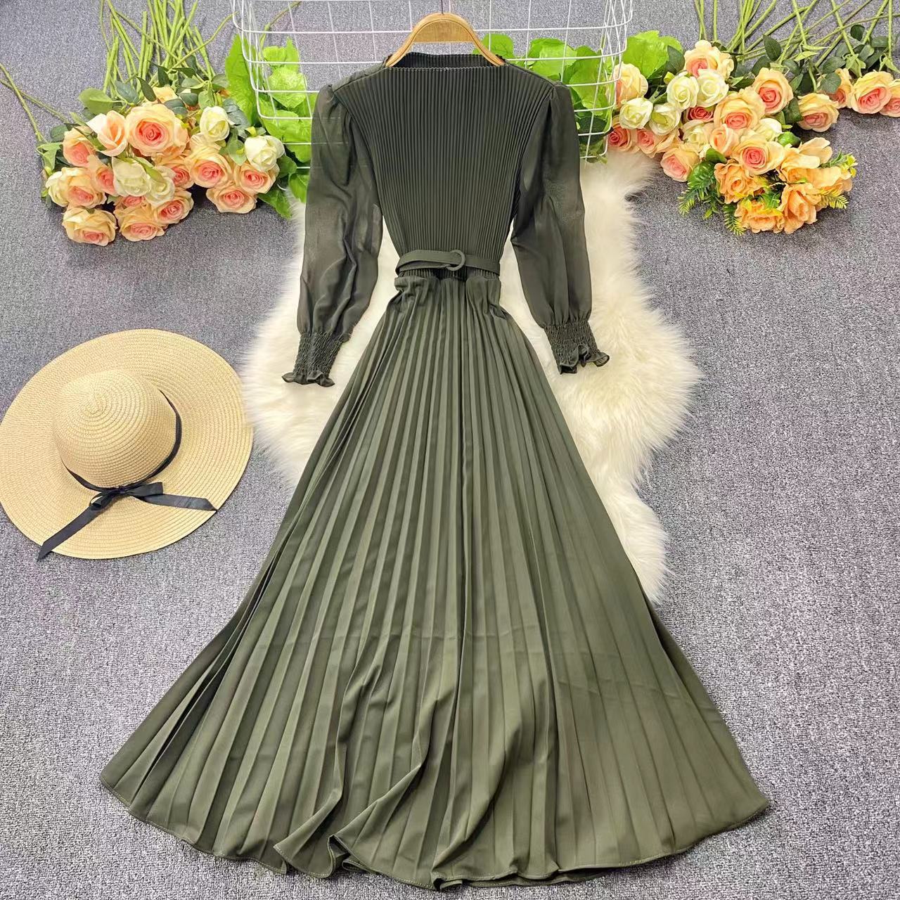 Pleated Waist Slimming Light Mature Dress vintage mode