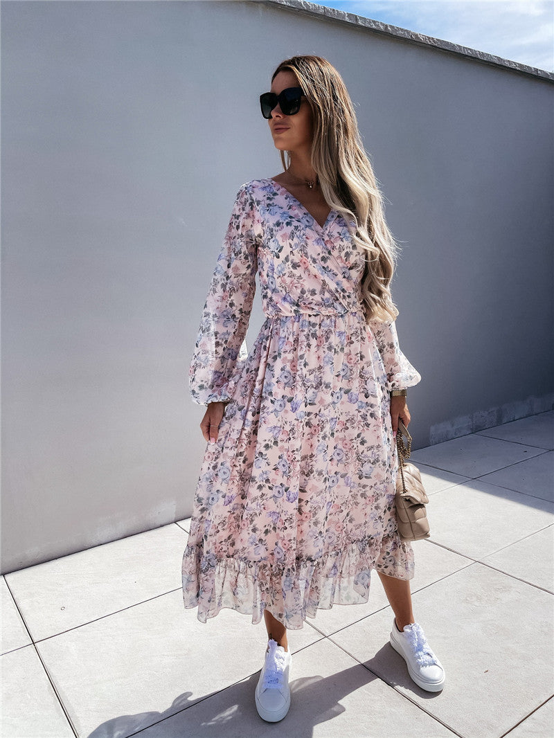 Fashion Long Sleeve Floral Waist Chiffon Dress