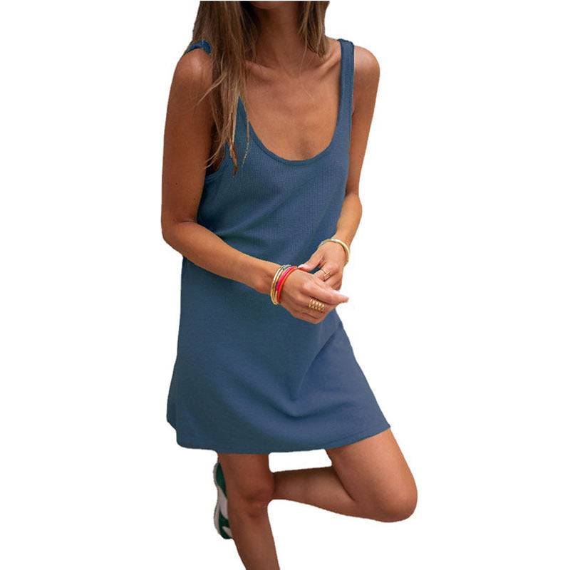 Solid Waffle Sleeveless Loose Strap Dress