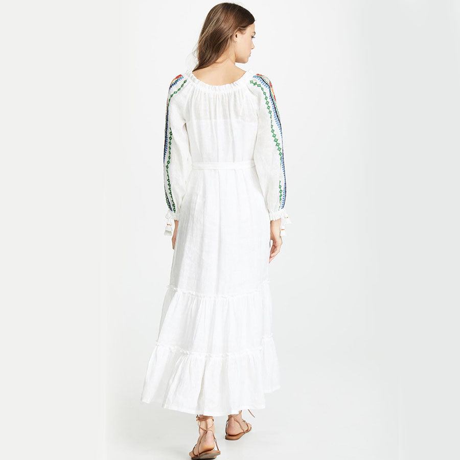 Embroidered Floral Tie Fringe Long Sleeve Dress