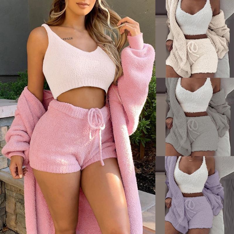 Go 3pcs Women Plush Pajamas Set Crop Top Cardigan and Shorts Sleepwear Jersey Lounge Set