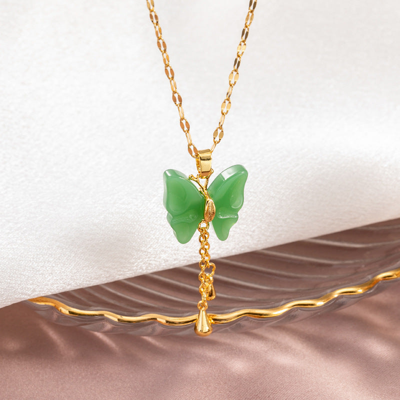 Jade Pendant Butterfly Tassel Pendant Necklace