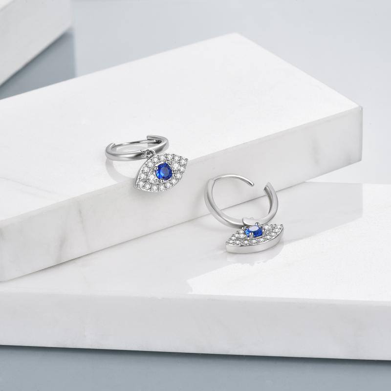 925 Sterling Silver Rhodium-Plated Blue And White Cubic Zirconia Evil Eye Dangle Round Hoop Earrings