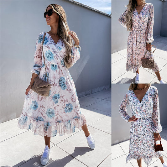 Fashion Long Sleeve Floral Waist Chiffon Dress