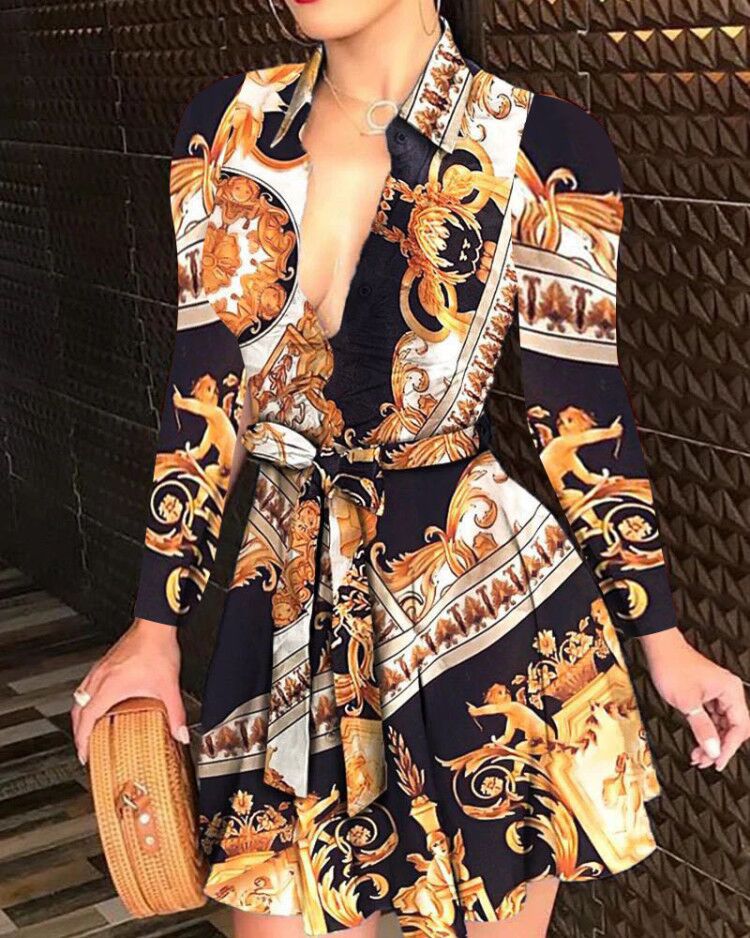 Long Sleeve V-Neck Tie Fashion Print Dress