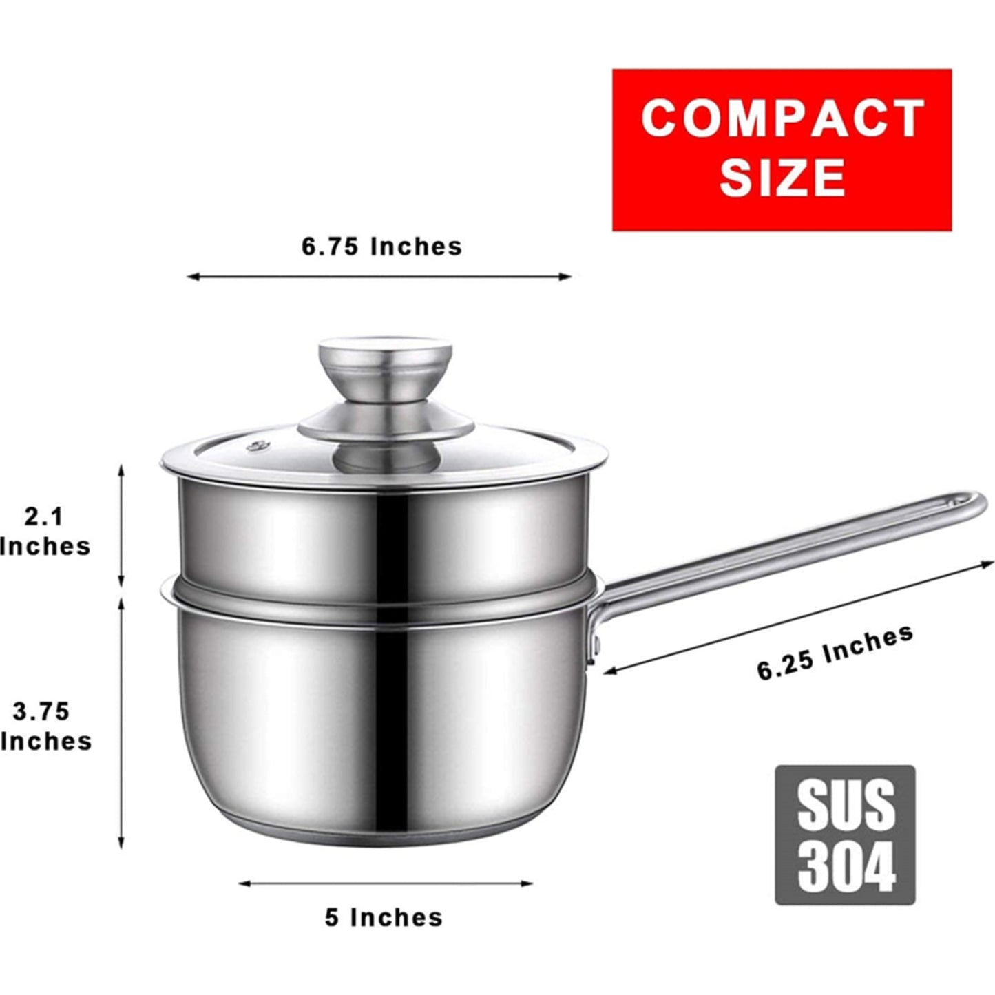 t304 food grade stainless steel3 Pcs Stainless Steel 2QT 2-Tier Pasta Steamer Saucepan Set With Handle And Tempered Glass Lid