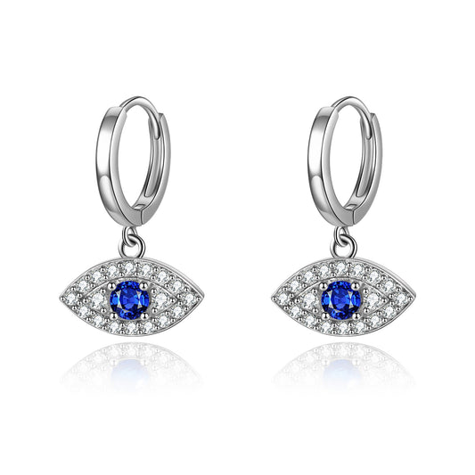 925 Sterling Silver Rhodium-Plated Blue And White Cubic Zirconia Evil Eye Dangle Round Hoop Earrings