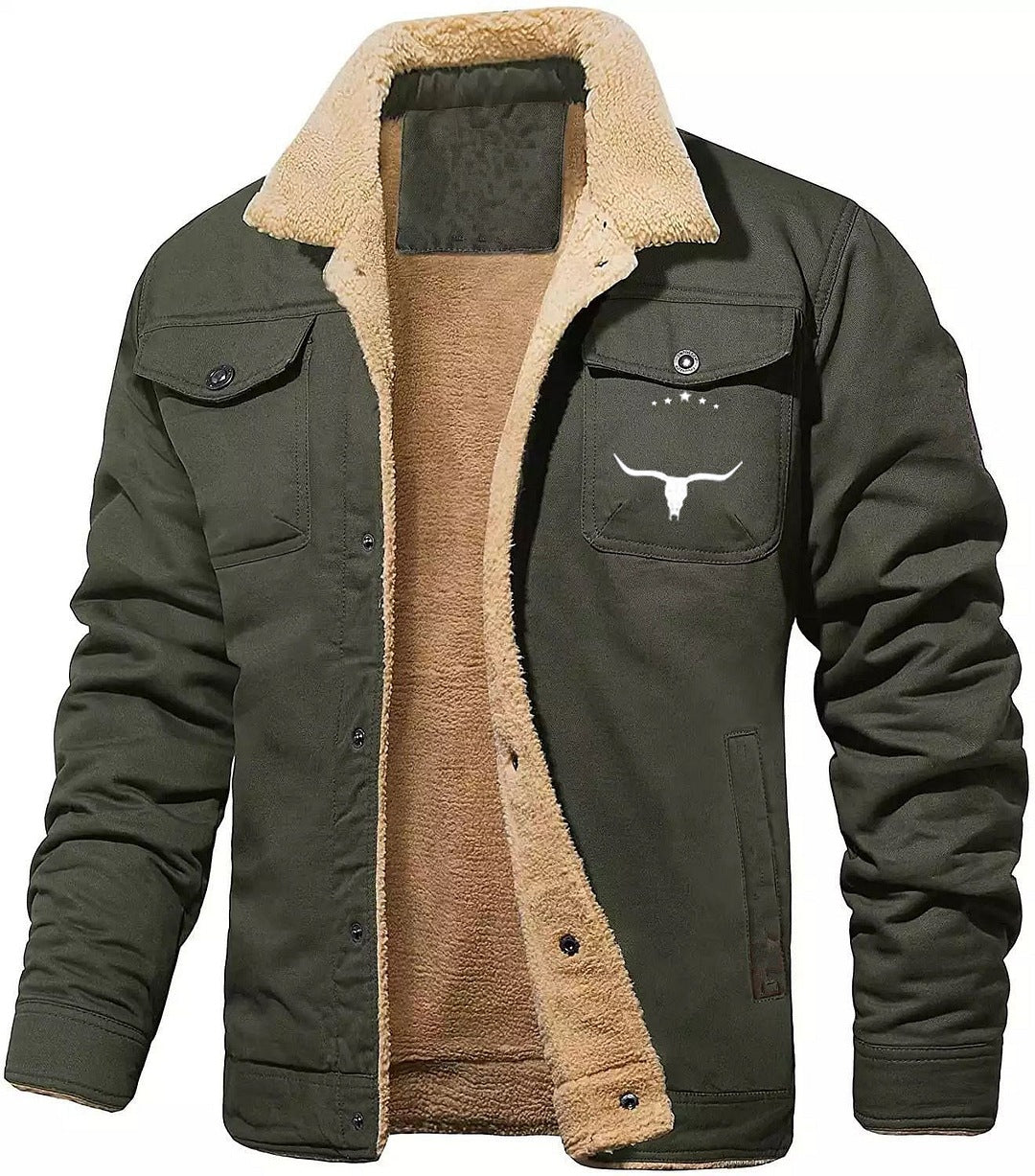 Men's Retro Western Yellowstone Print Fleece Cotton Work Casual Jacket