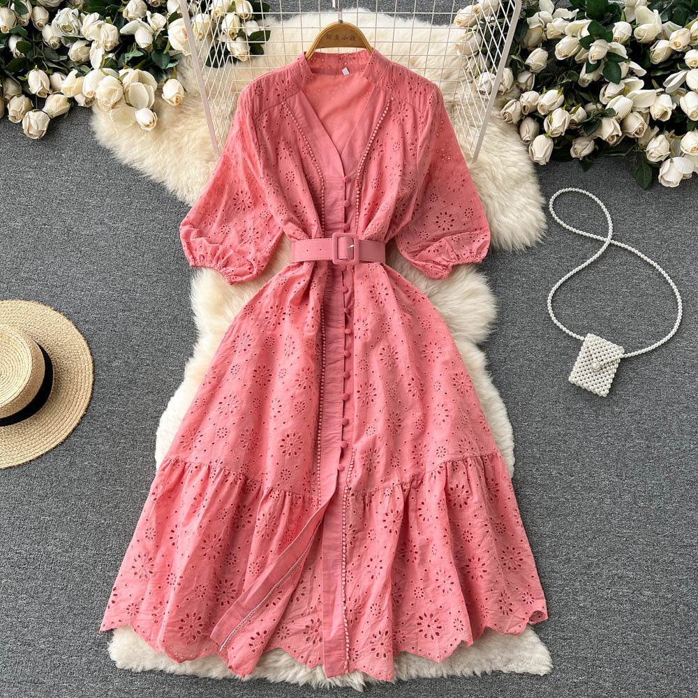 V-neck Hollow Dress Women's Puff Sleeve