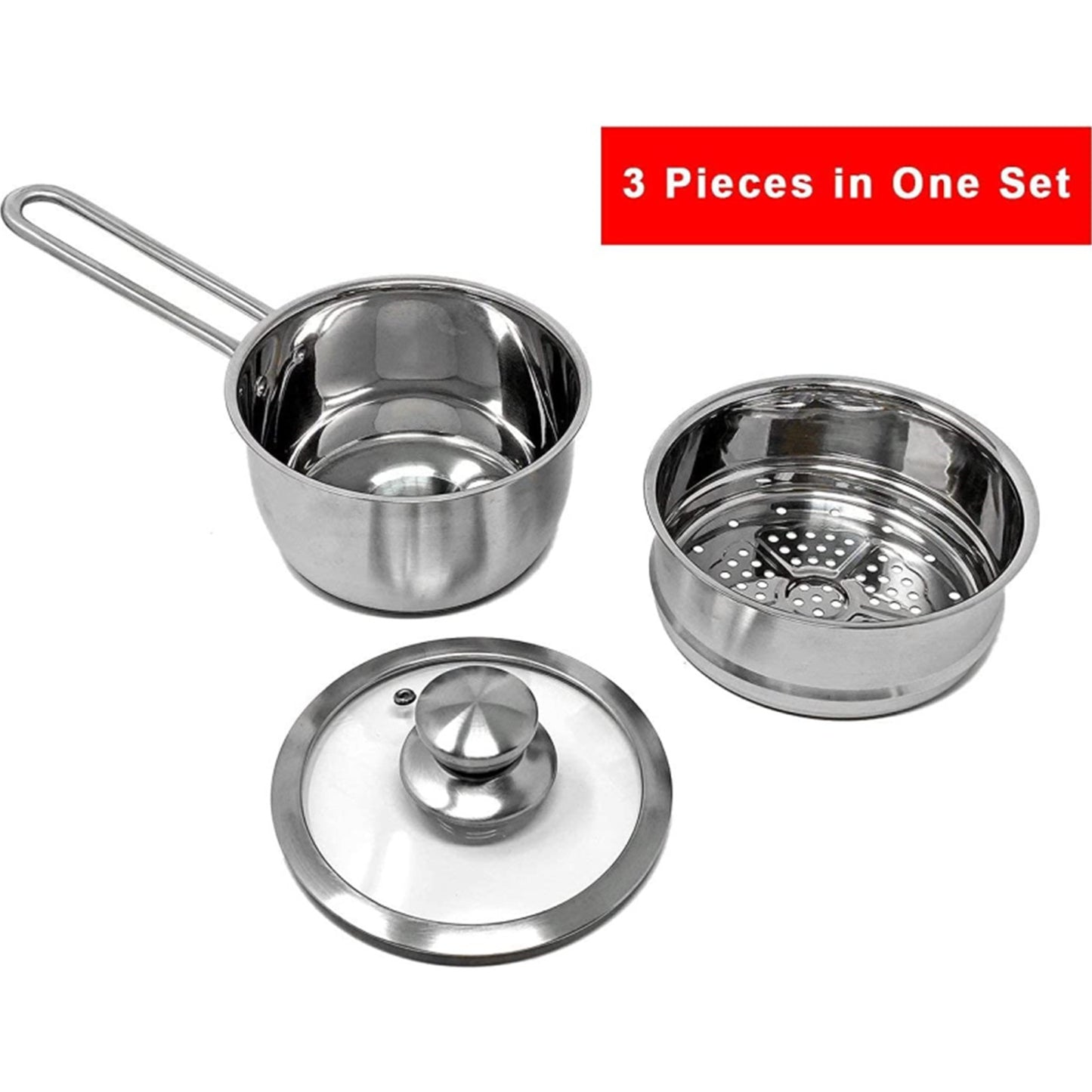 t304 food grade stainless steel3 Pcs Stainless Steel 2QT 2-Tier Pasta Steamer Saucepan Set With Handle And Tempered Glass Lid