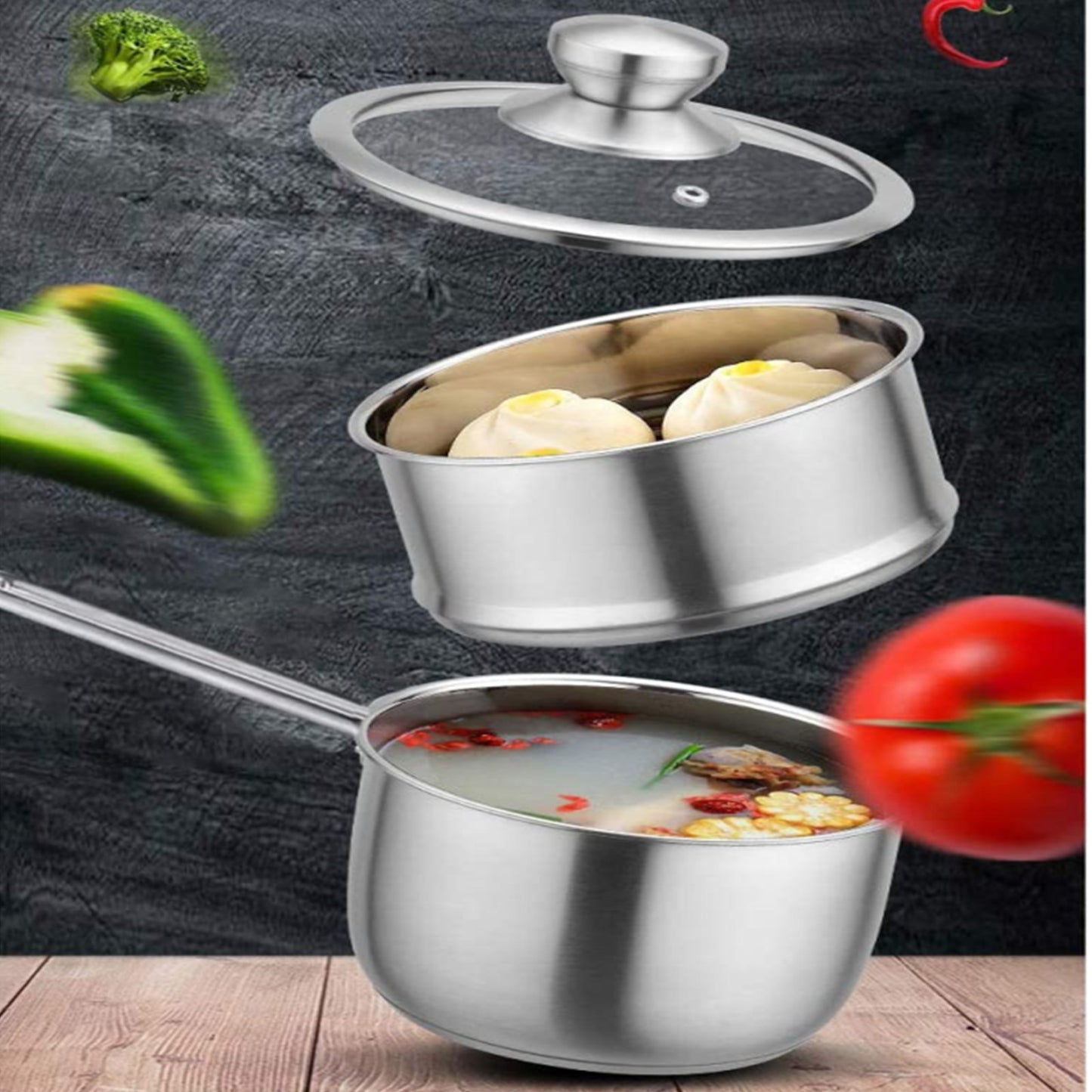 t304 food grade stainless steel3 Pcs Stainless Steel 2QT 2-Tier Pasta Steamer Saucepan Set With Handle And Tempered Glass Lid