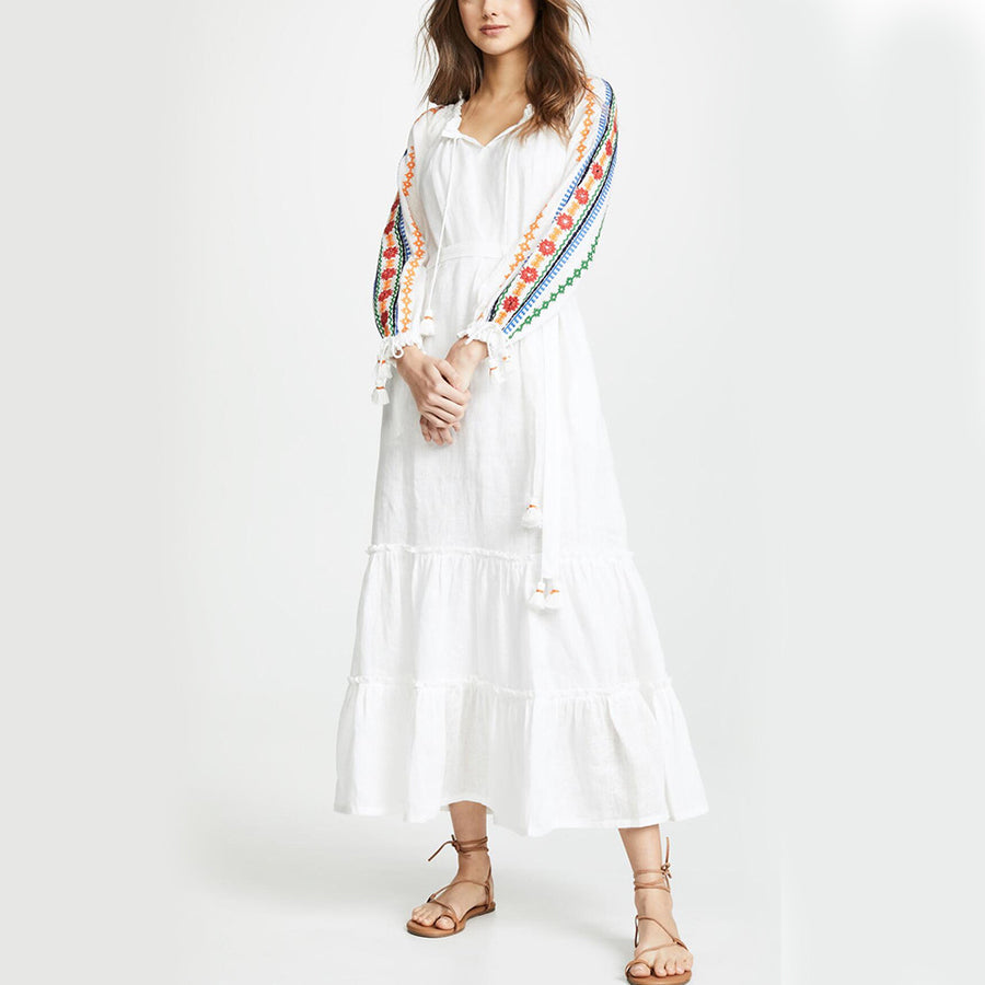 Embroidered Floral Tie Fringe Long Sleeve Dress