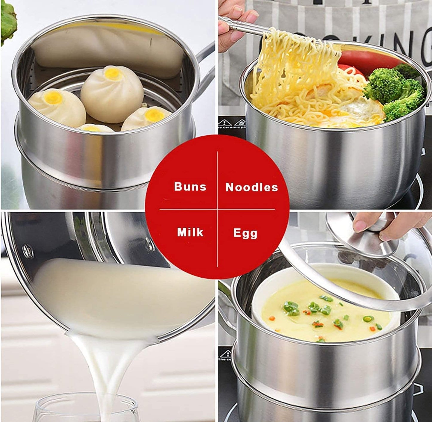 t304 food grade stainless steel3 Pcs Stainless Steel 2QT 2-Tier Pasta Steamer Saucepan Set With Handle And Tempered Glass Lid