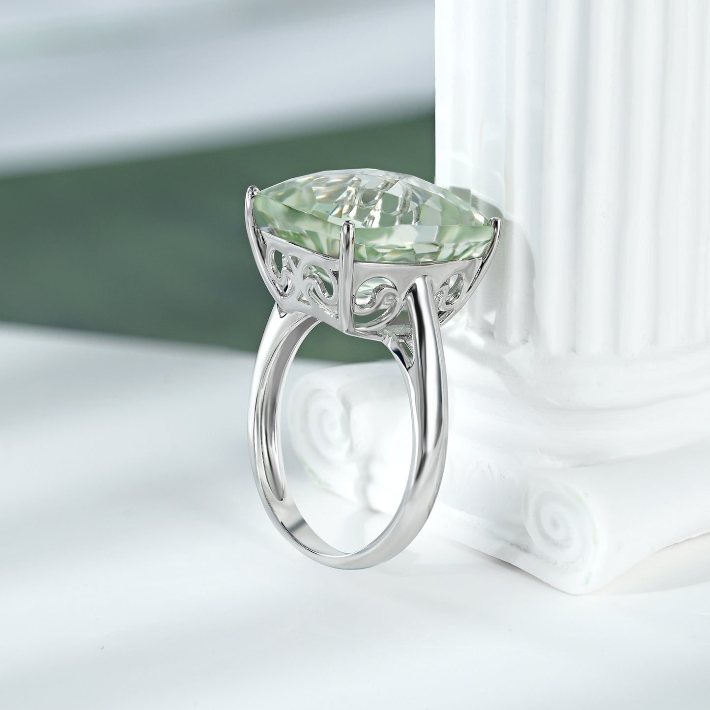 Natural Green  Prasiolite Ring Female S925 Sterling Silver Gemstone Inlaid Luxury