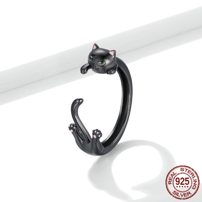 Electroplated Creative Black Cat Open Ring For Men And Women