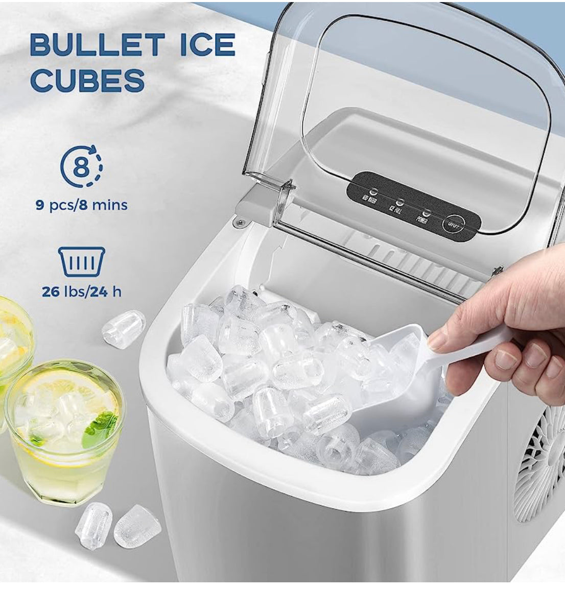 Countertop Ice Maker with Handle, 9 Cubes/6 Mins, 26lbs/24Hrs, Self-Cleaning Ice Maker with Ice Scoop and Basket, 2 Sizes of Bullet Ice for Home Kitchen Office Bar Party, stainless steel