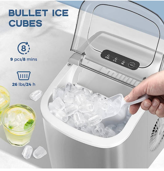 Countertop Ice Maker with Handle, 9 Cubes/6 Mins, 26lbs/24Hrs, Self-Cleaning Ice Maker with Ice Scoop and Basket, 2 Sizes of Bullet Ice for Home Kitchen Office Bar Party, stainless steel